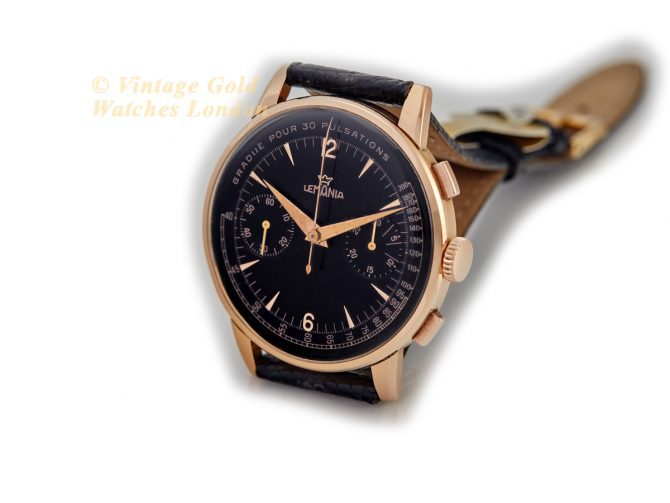 Lemania (Omega), Cal.15TL Black Dial Chronograph 18ct Pink Gold c1948 40mm (6)