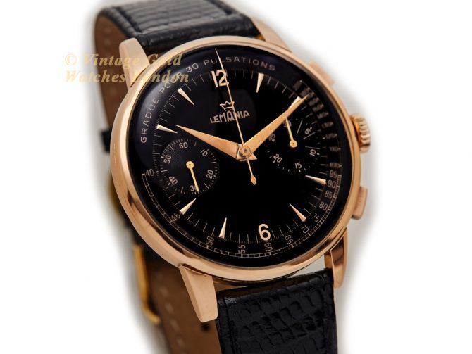 Lemania (Omega), Cal.15TL Black Dial Chronograph 18ct Pink Gold c1948 40mm (2)