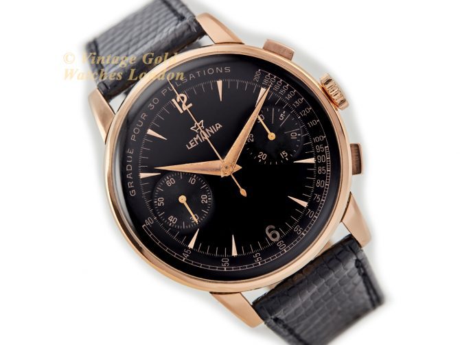 Lemania (Omega), Cal.15TL Black Dial Chronograph 18ct Pink Gold c1948 40mm (1)