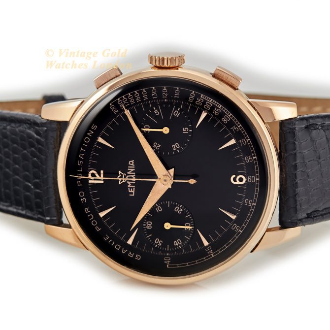 Lemania (Omega), Cal.15TL Black Dial Chronograph 18ct Pink Gold c1948 40mm (14)