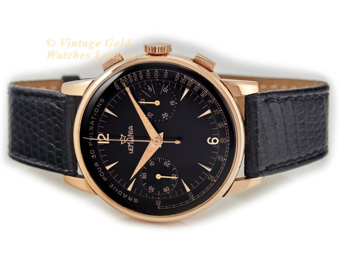 Lemania (Omega), Cal.15TL Black Dial Chronograph 18ct Pink Gold c1948 40mm (7)