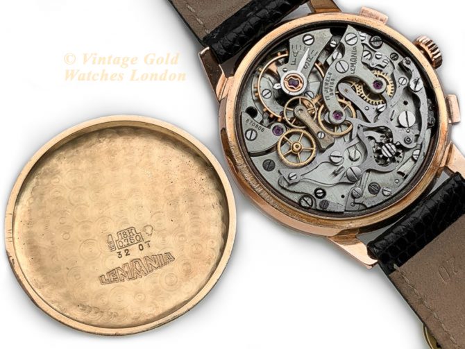 Lemania (Omega), Cal.15TL Black Dial Chronograph 18ct Pink Gold c1948 40mm (12)