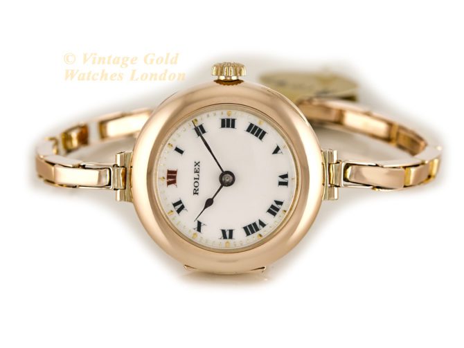Ladies Rolex Cocktail Watch, Porcelain Dial, 9ct Pink Gold c1915 (28)