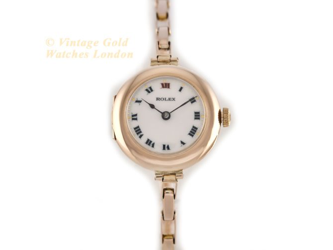 Ladies Rolex Cocktail Watch, Porcelain Dial, 9ct Pink Gold c1915 (22)