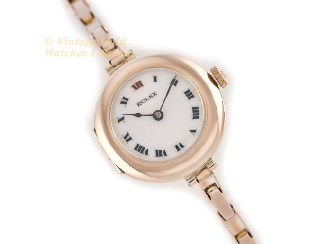 Ladies Rolex Cocktail Watch, Porcelain Dial, 9ct Pink Gold c1915 (16)