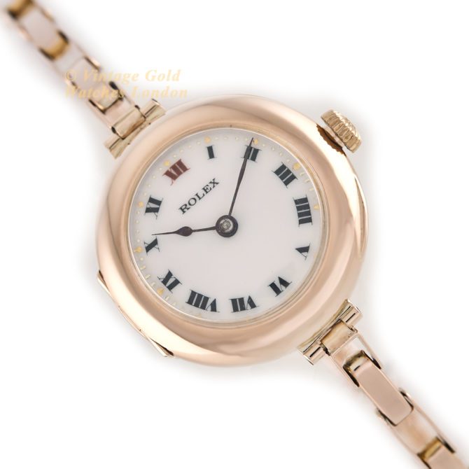 Ladies Rolex Cocktail Watch, Porcelain Dial, 9ct Pink Gold c1915 (42)