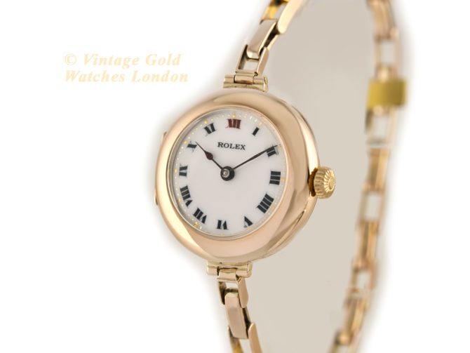 Ladies Rolex Cocktail Watch, Porcelain Dial, 9ct Pink Gold c1915 (24)