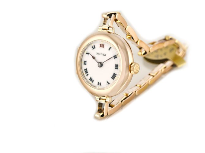 Ladies Rolex Cocktail Watch, Porcelain Dial, 9ct Pink Gold c1915 (15)