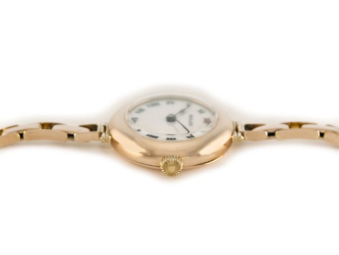 Ladies Rolex Cocktail Watch, Porcelain Dial, 9ct Pink Gold c1915 (3)