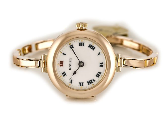 Ladies Rolex Cocktail Watch, Porcelain Dial, 9ct Pink Gold c1915 (6)