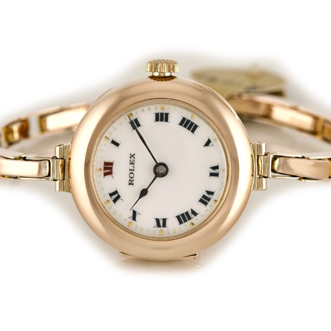 Ladies Rolex Cocktail Watch, Porcelain Dial, 9ct Pink Gold c1915 (5)