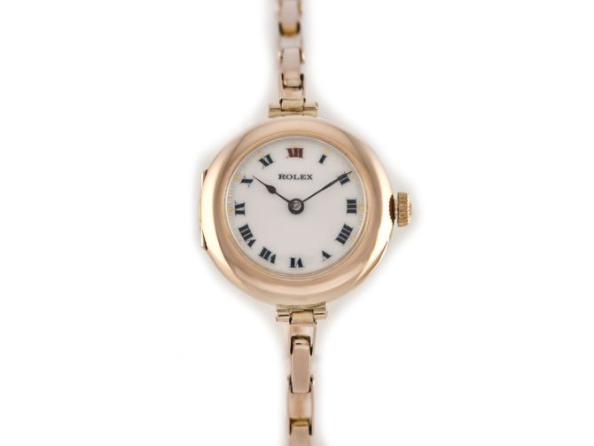 Ladies Rolex Cocktail Watch, Porcelain Dial, 9ct Pink Gold c1915 (9)