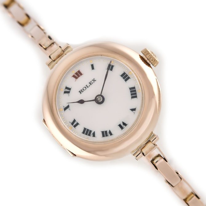 Ladies Rolex Cocktail Watch, Porcelain Dial, 9ct Pink Gold c1915 (8)