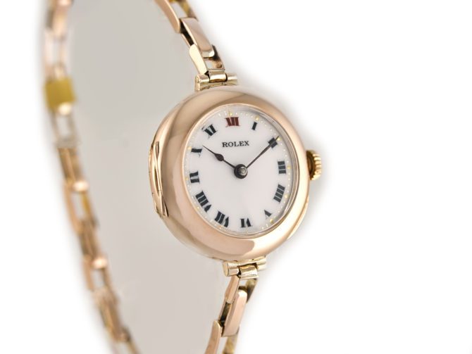 Ladies Rolex Cocktail Watch, Porcelain Dial, 9ct Pink Gold c1915 (10)