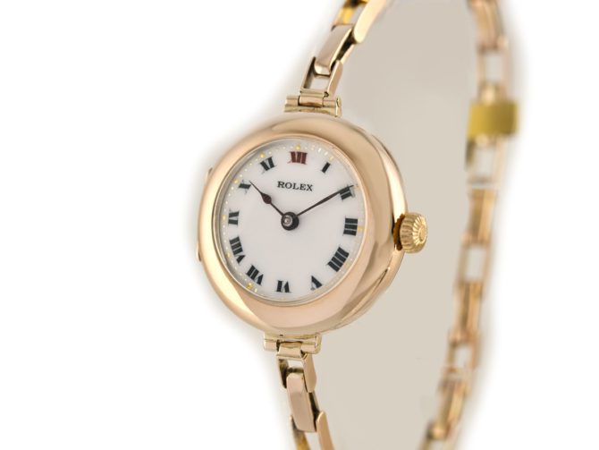 Ladies Rolex Cocktail Watch, Porcelain Dial, 9ct Pink Gold c1915 (11)
