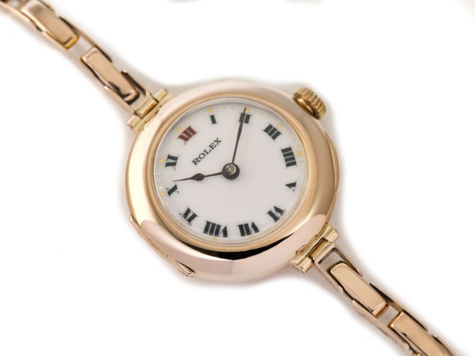 Ladies Rolex Cocktail Watch, Porcelain Dial, 9ct Pink Gold c1915 (13)