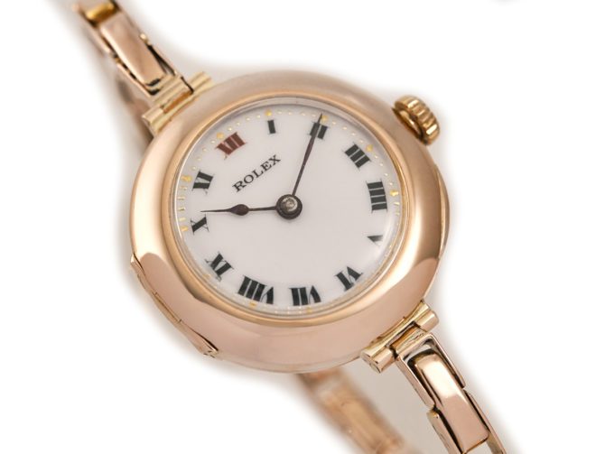 Ladies Rolex Cocktail Watch, Porcelain Dial, 9ct Pink Gold c1915 (14)